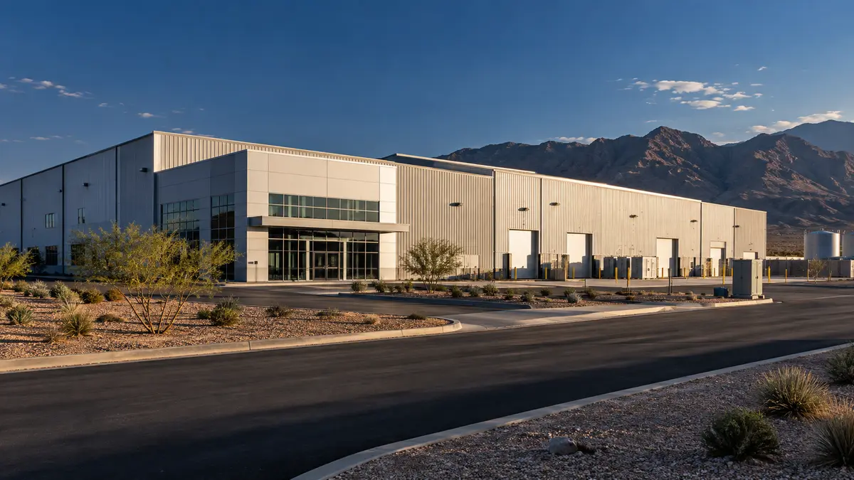 Industrial manufacturing site Industrial building and access road against desert mountains