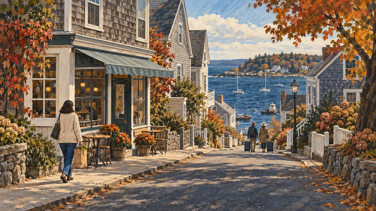 Coastal town in autumn Residents and visitors on a coastal town street