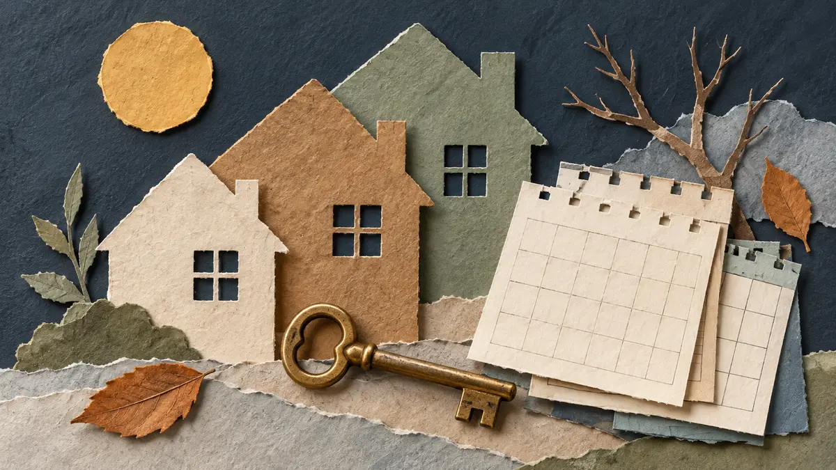 Housing through the seasons House silhouettes, a key and calendar pages