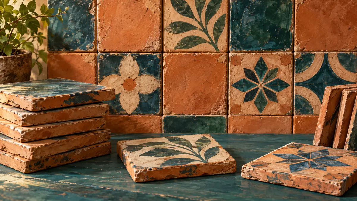 Reclaimed architectural tiles Terracotta tiles with worn edges and decorative patterns