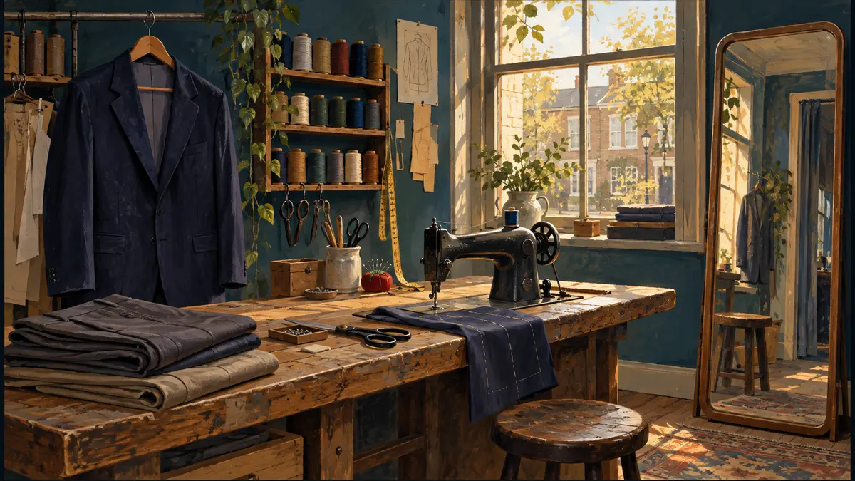 Garments and sewing tools in an alterations shop