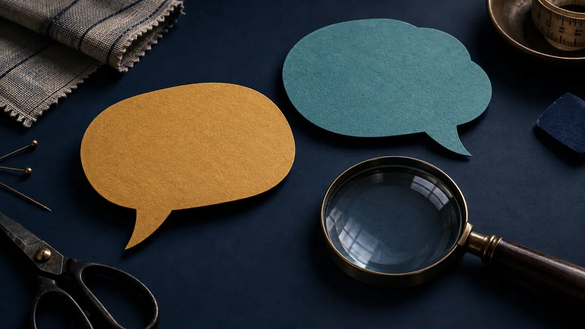 Speech shapes and a magnifying glass on a work surface