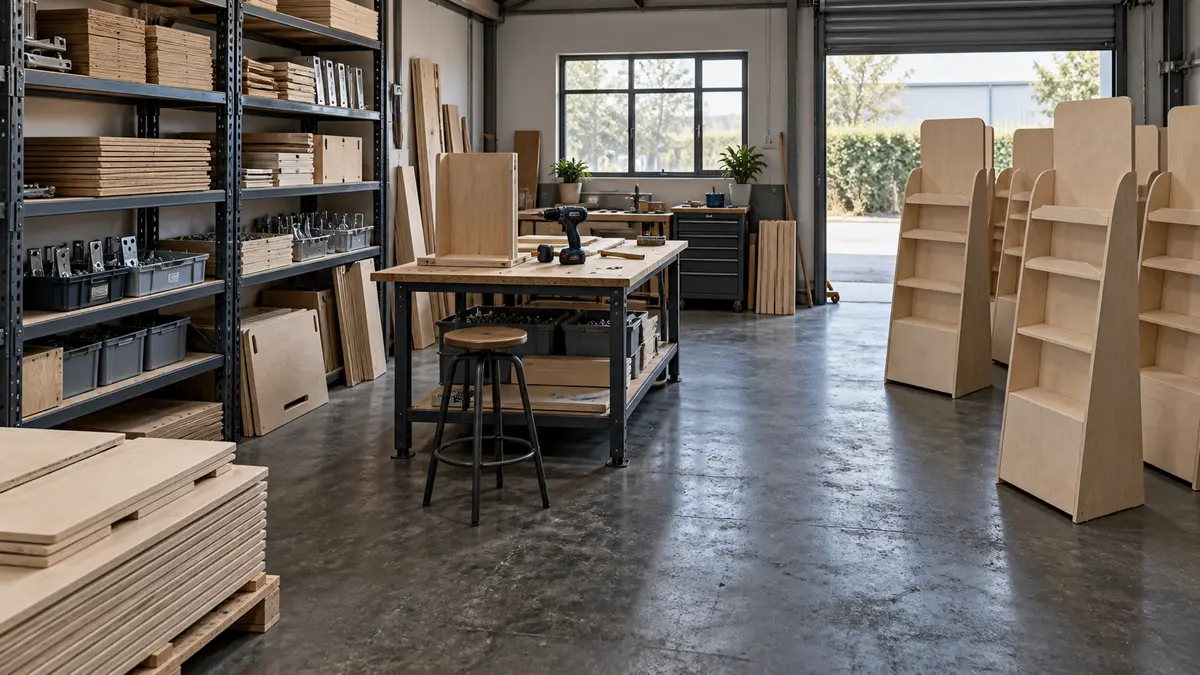 Assembly bench, components and completed display stands