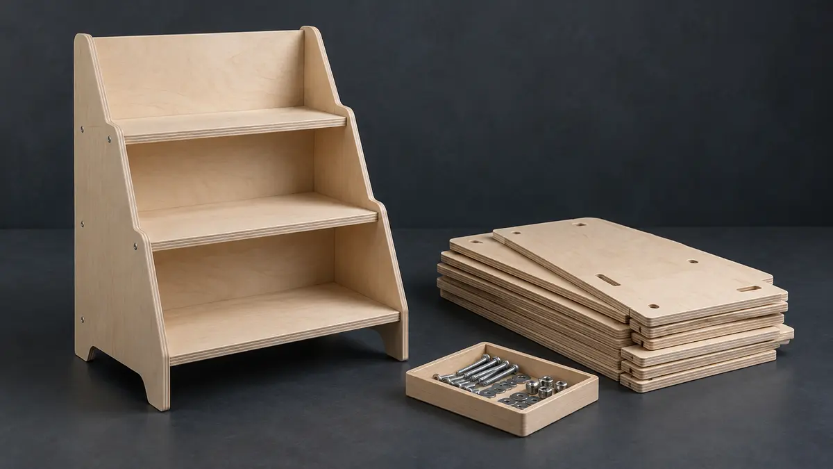 Plywood display stand beside panels and metal fittings