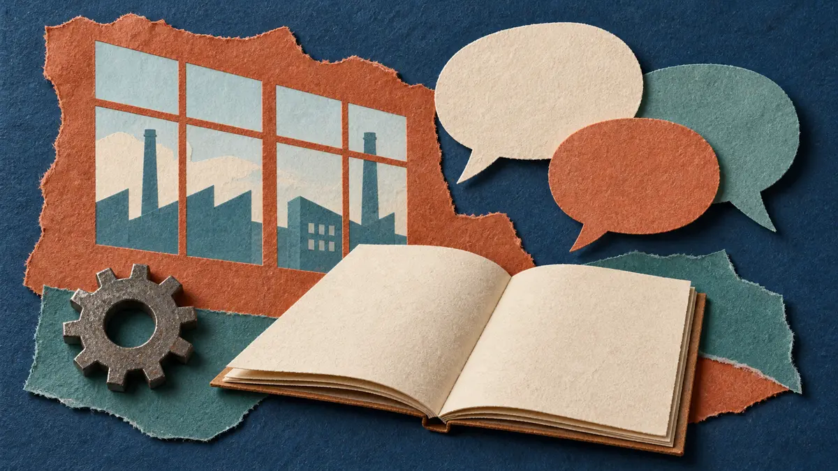 Exploring industrial careers Factory window, notebook and conversation symbols