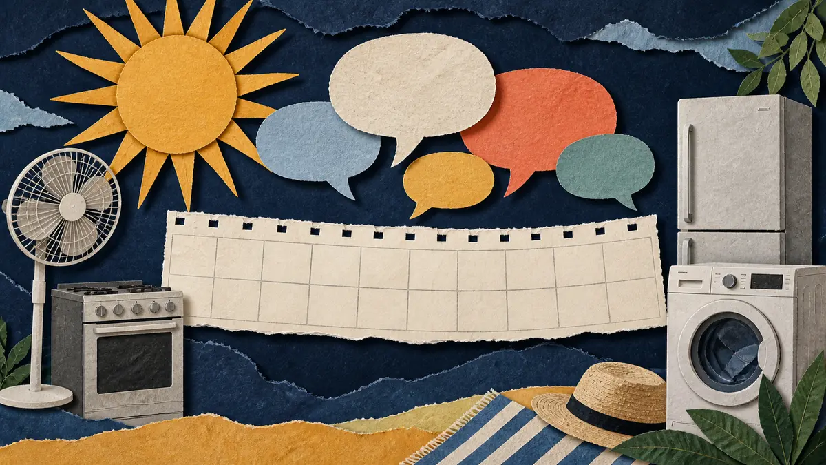 Summer appliance enquiries Sun, speech bubbles, calendar and household appliances