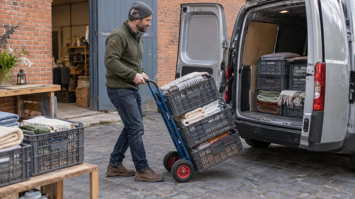 Textile crates being moved toward a delivery van