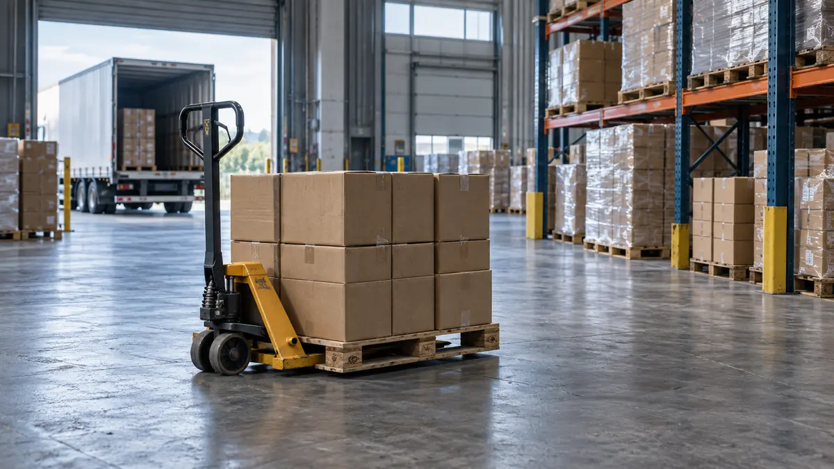 Pallet jack and cartons in a warehouse
