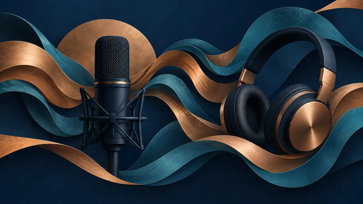 Listening to recorded sound Microphone, headphones and flowing ribbons