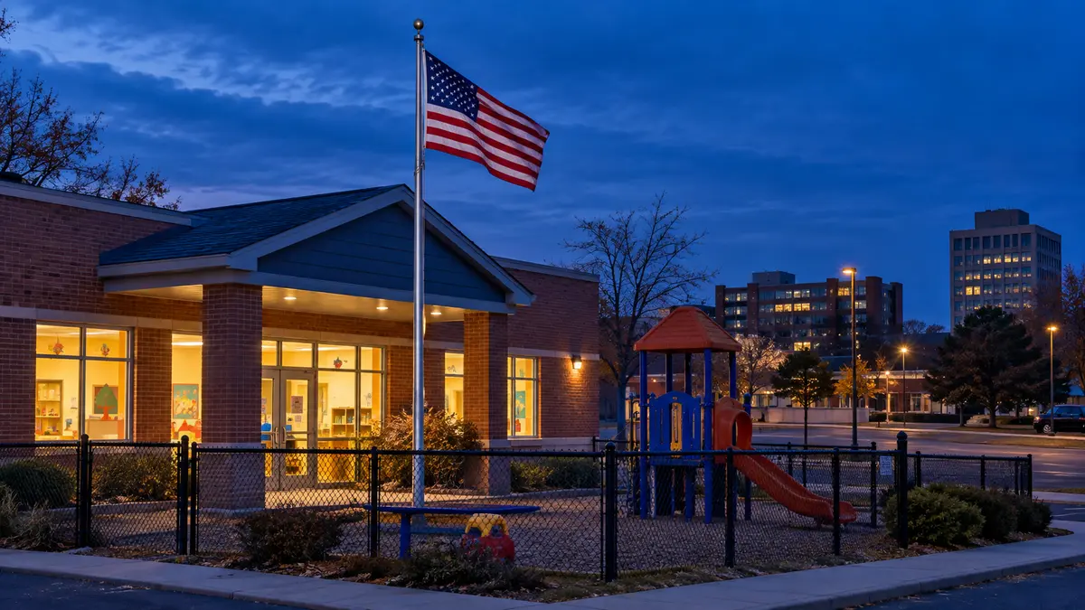 Childcare facilities in the United States US flag outside a childcare building with a playground at dawn