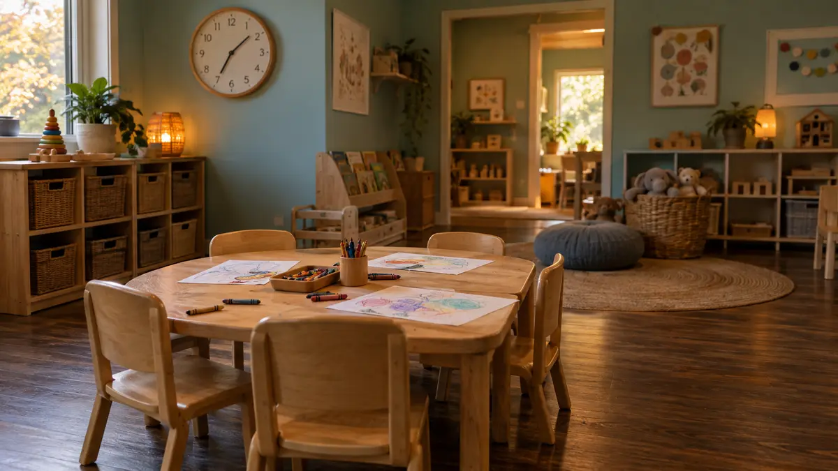 Childcare capacity is useful only when its operating hours fit the working day An empty childcare activity room with small chairs, drawing materials and a wall clock