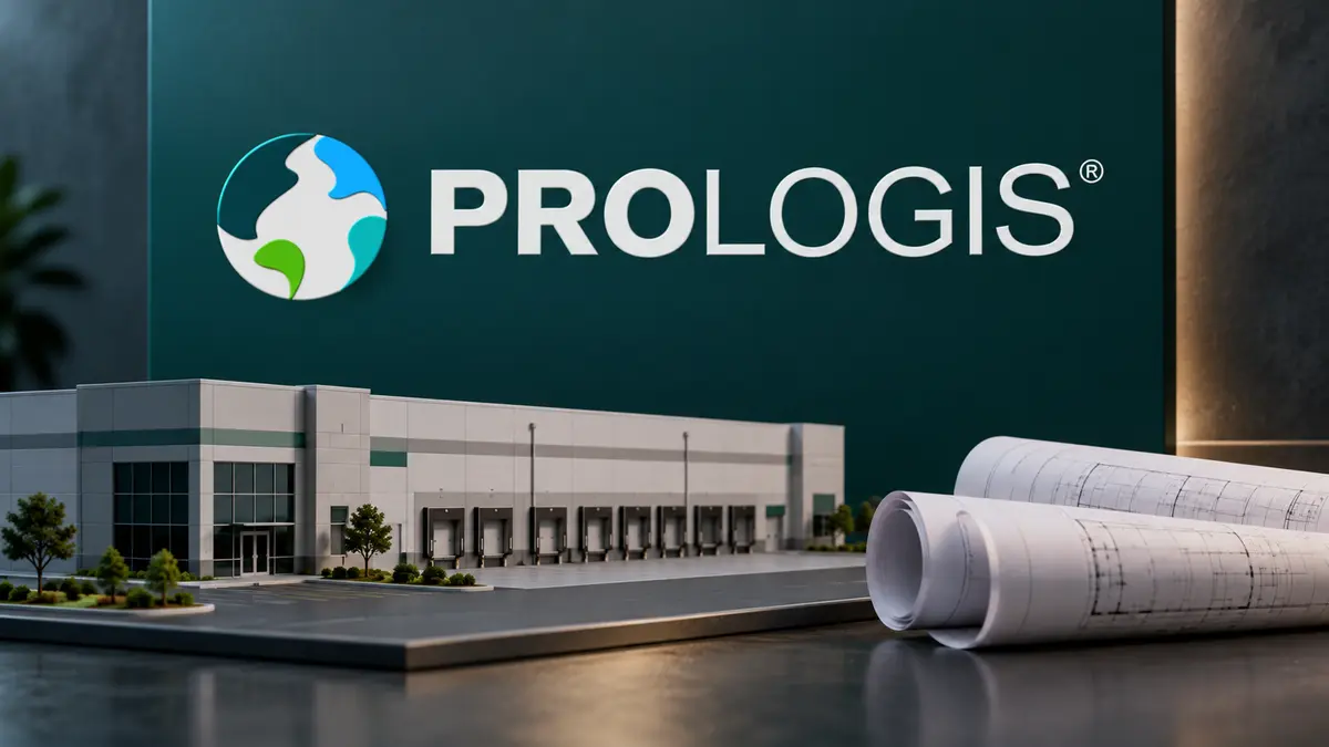 Prologis identity beside a warehouse model and rolled plans
