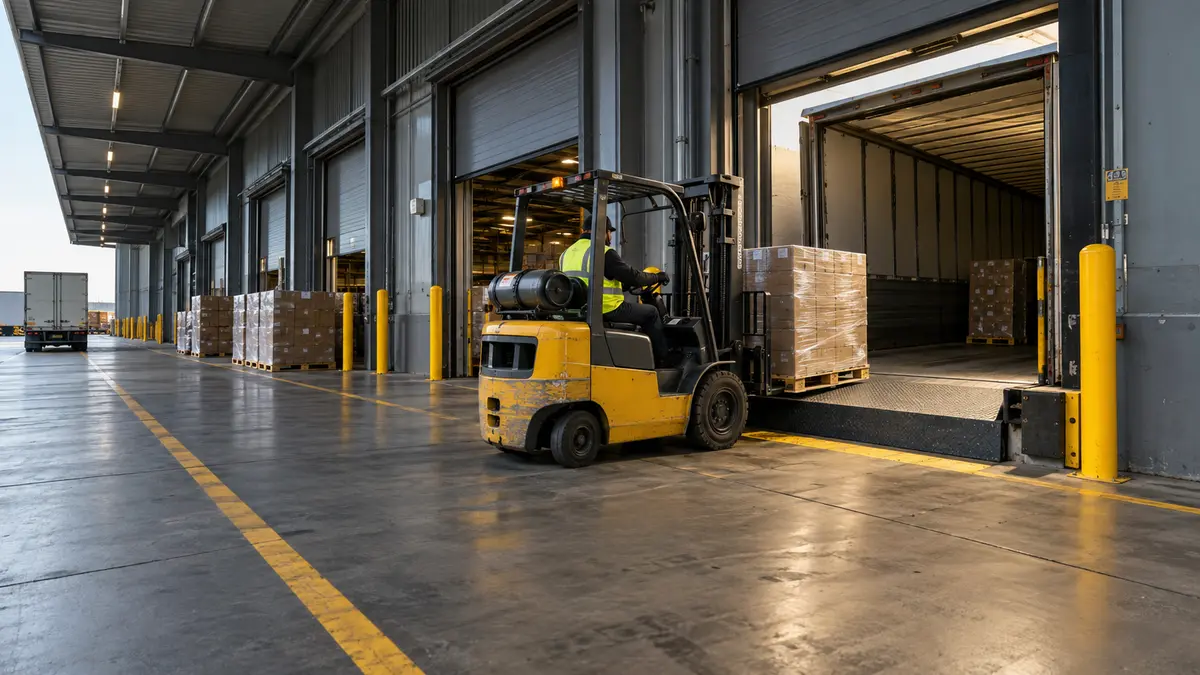 A forklift moves a pallet of cartons toward a trailer at a warehouse loading bay