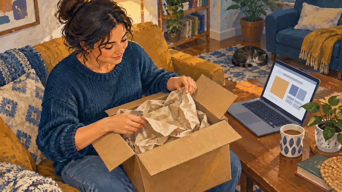 Receiving an online order Shopper opening a parcel beside a laptop
